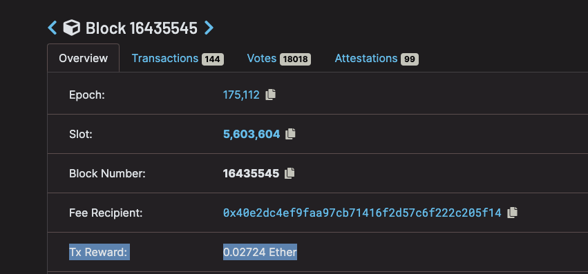 beaconchain specific block mev reward information